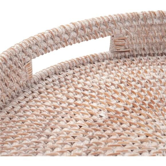 Coffee Table Tray Round Rattan Ottoman Tray Woven Serving Trays with Handles - Picture 3 of 8